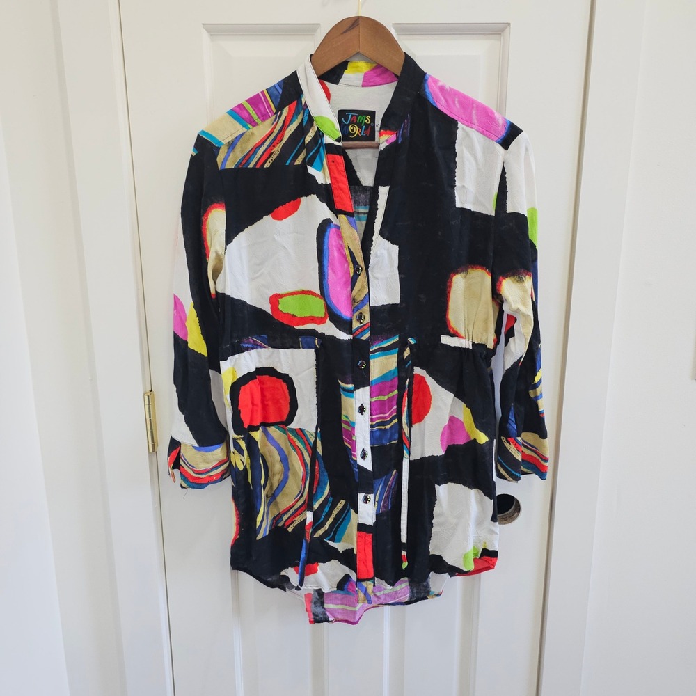 Vintage Jams World HELIX Print Rayon Tunic Dress Shirt Small Memphis Abstract